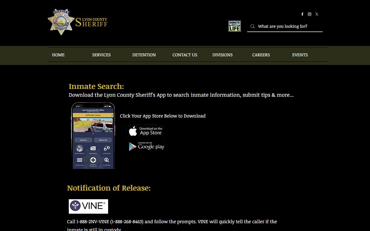 Lyon County inmate search app page for jail custody lookup